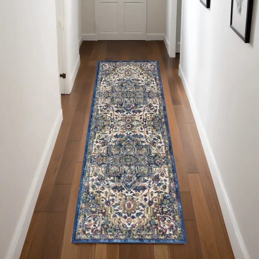 8' Navy Blue and Ivory Floral Medallion Distressed Non Skid Runner Rug Photo 1