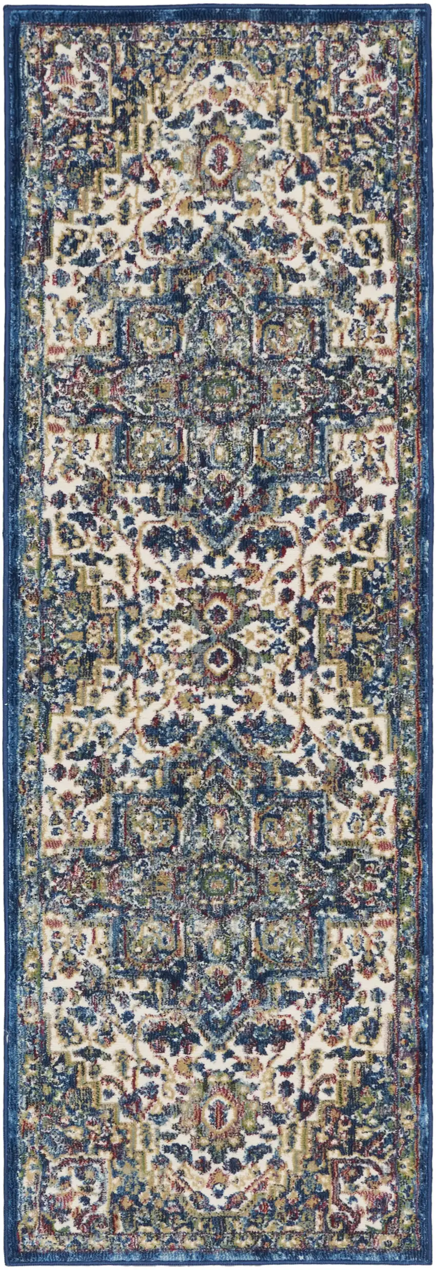8' Navy Blue and Ivory Floral Medallion Distressed Non Skid Runner Rug Photo 1