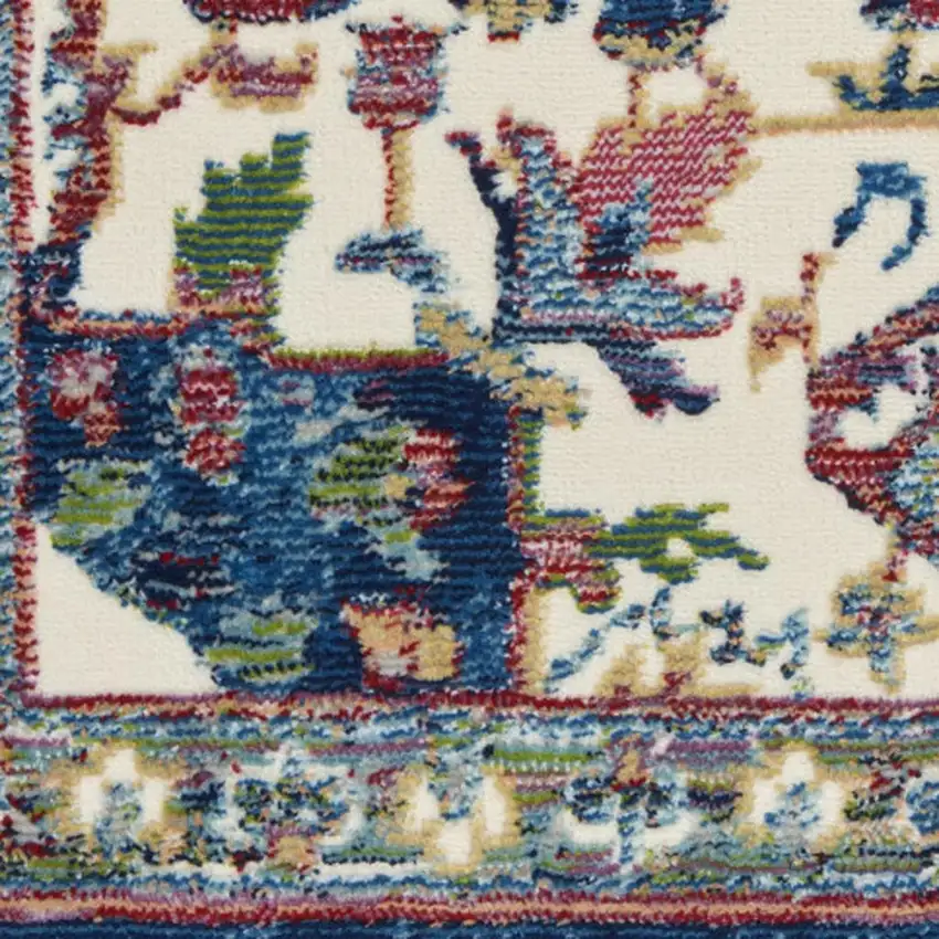 8' Navy Blue and Ivory Floral Medallion Distressed Non Skid Runner Rug Photo 2