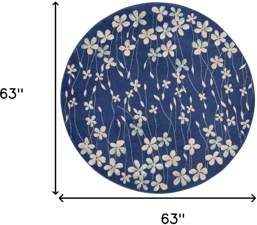 5' Navy Blue and Ivory Floral Round Rug Photo 3