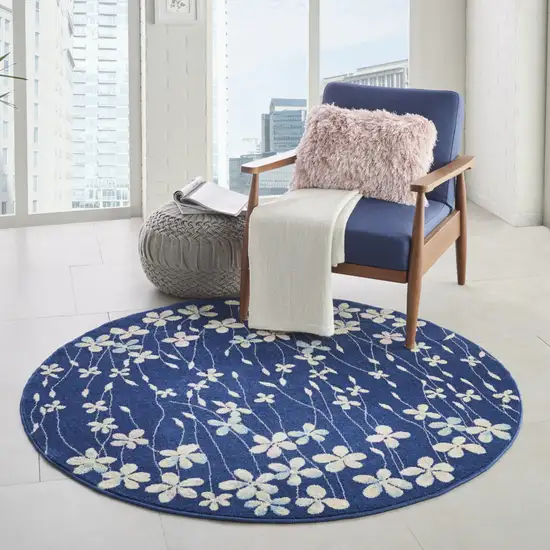 5' Navy Blue and Ivory Floral Round Rug Photo 7