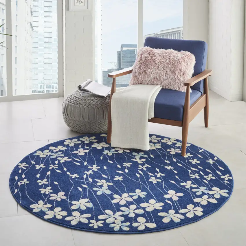5' Navy Blue and Ivory Floral Round Rug Photo 7