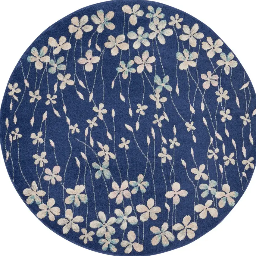 5' Navy Blue and Ivory Floral Round Rug Photo 8