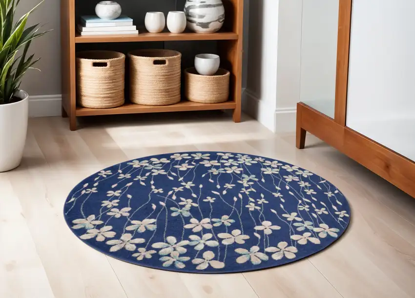 5' Navy Blue and Ivory Floral Round Rug Photo 1