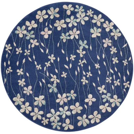 5' Navy Blue and Ivory Floral Round Rug Photo 1