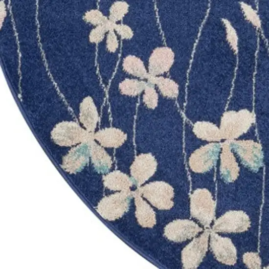 5' Navy Blue and Ivory Floral Round Rug Photo 4
