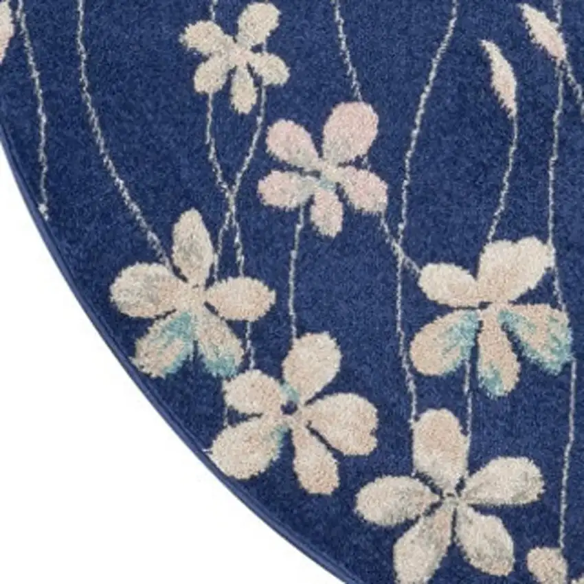 5' Navy Blue and Ivory Floral Round Rug Photo 4