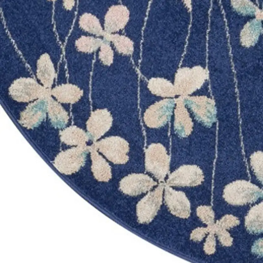 5' Navy Blue and Ivory Floral Round Rug Photo 8