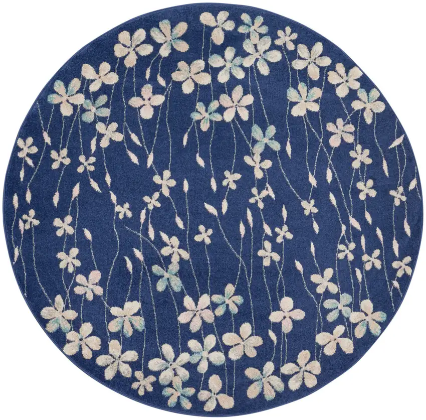 5' Navy Blue and Ivory Floral Round Rug Photo 2