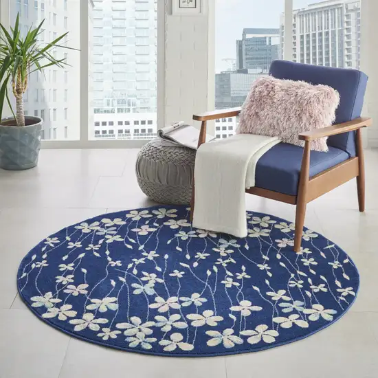 5' Navy Blue and Ivory Floral Round Rug Photo 5