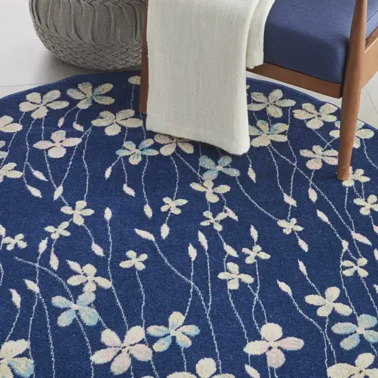 5' Navy Blue and Ivory Floral Round Rug Photo 6