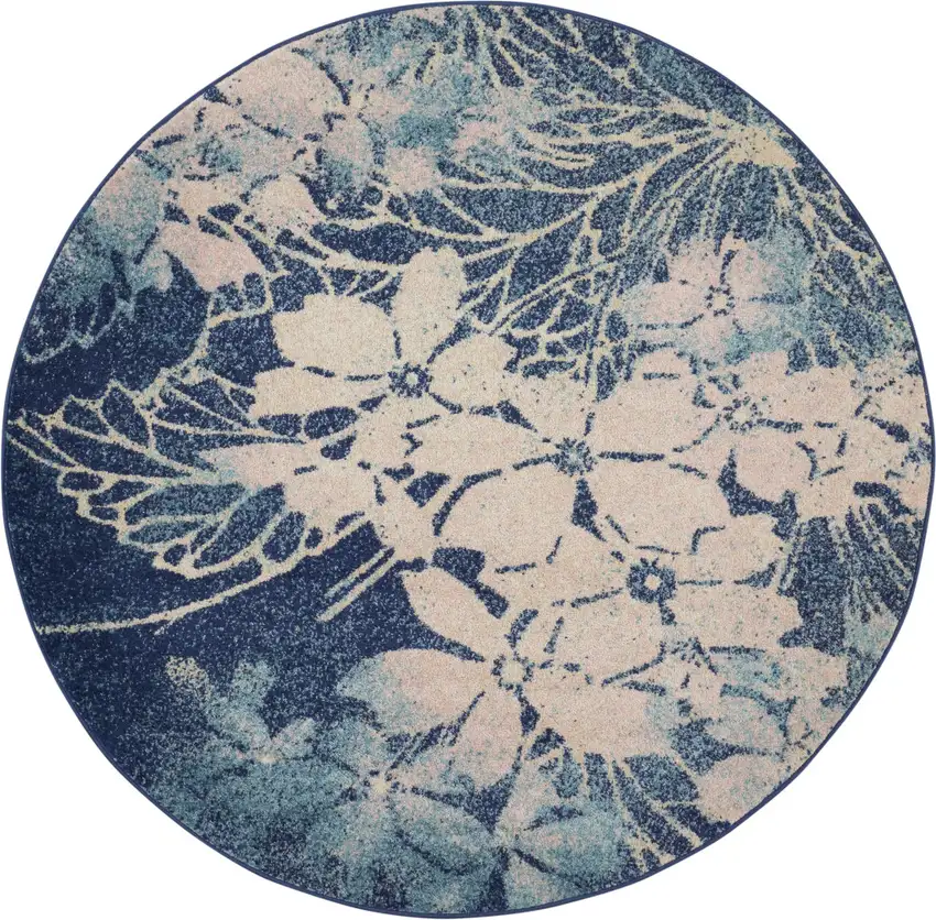 5' Navy Blue and Ivory Floral Round Rug Photo 2