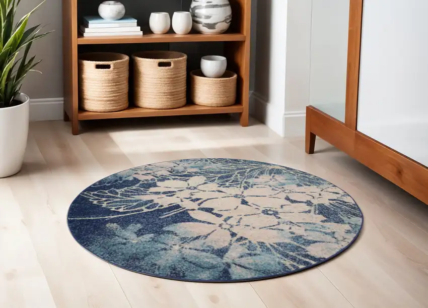 5' Navy Blue and Ivory Floral Round Rug Photo 1