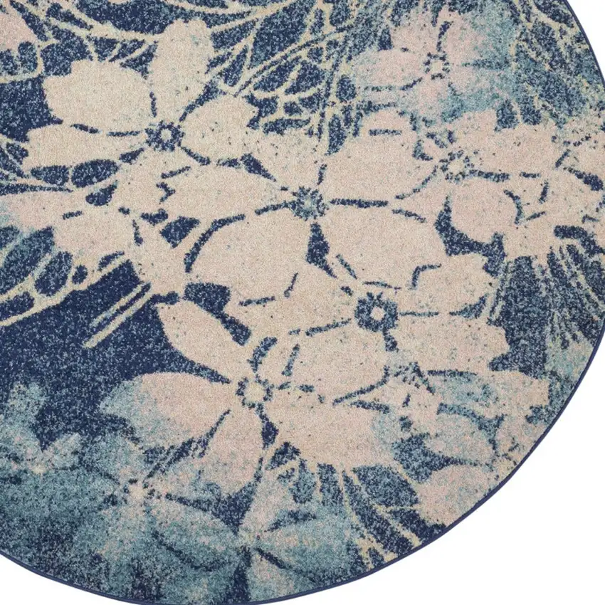 5' Navy Blue and Ivory Floral Round Rug Photo 6