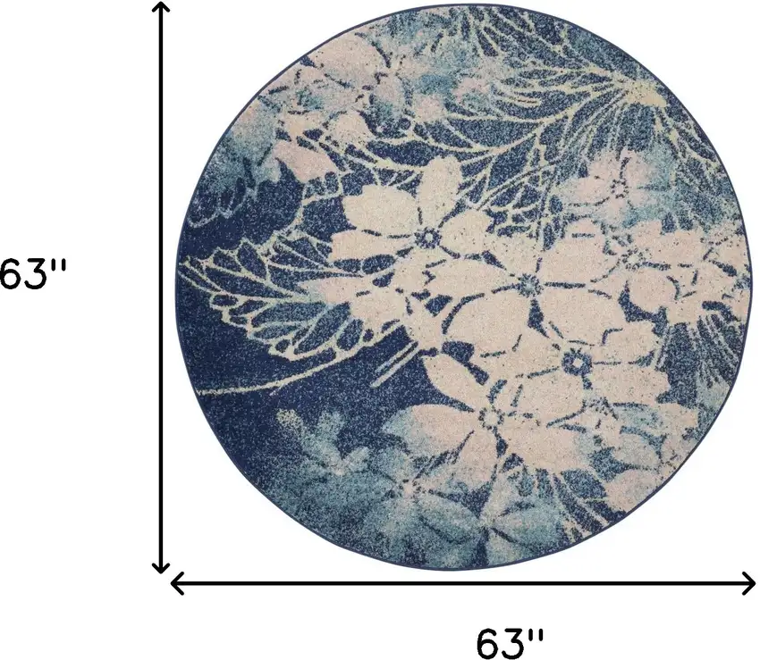 5' Navy Blue and Ivory Floral Round Rug Photo 3
