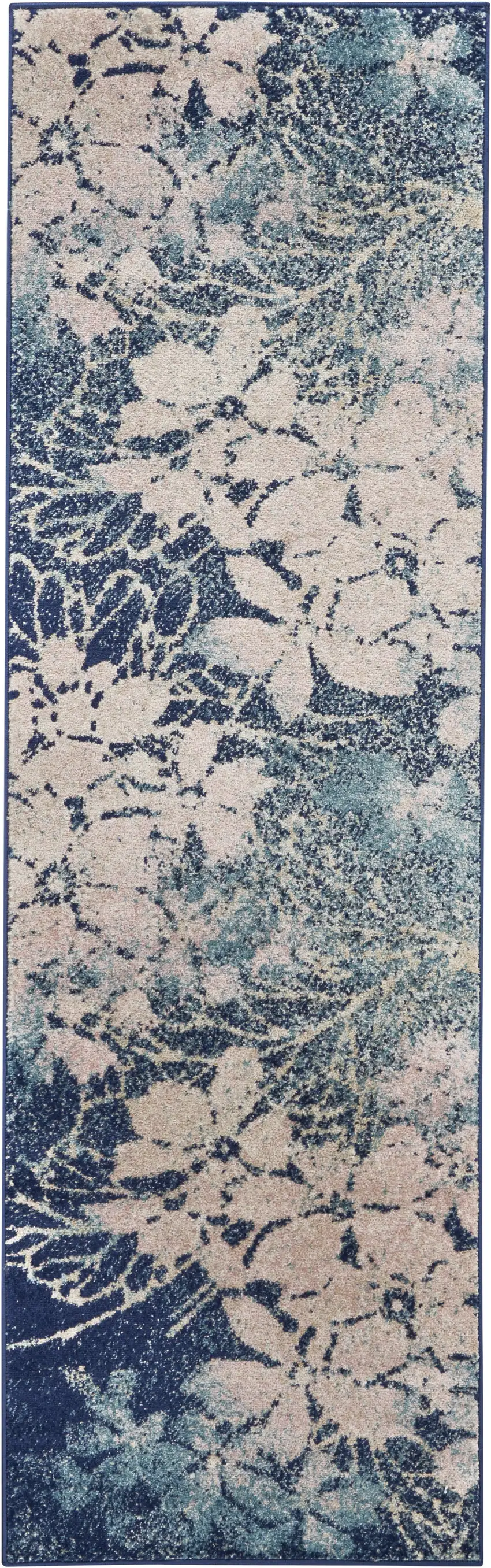 7' Navy Blue and Ivory Floral Runner Rug Photo 2