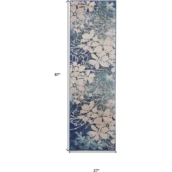 7' Navy Blue and Ivory Floral Runner Rug Photo 3