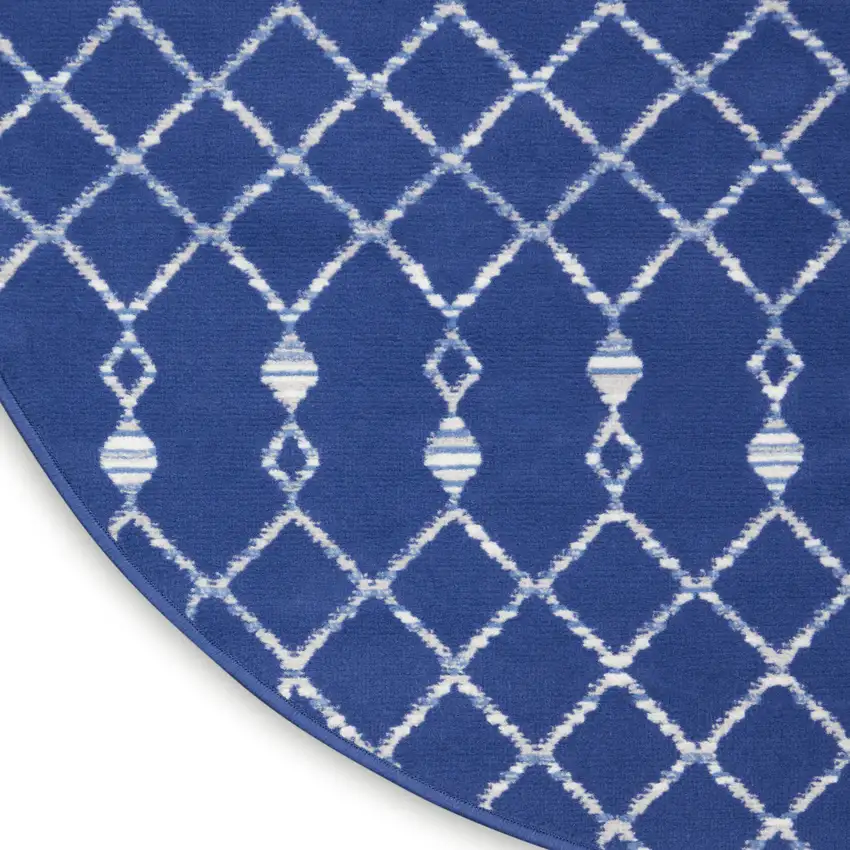 8' Navy Blue and Ivory Geometric Round Rug Photo 9