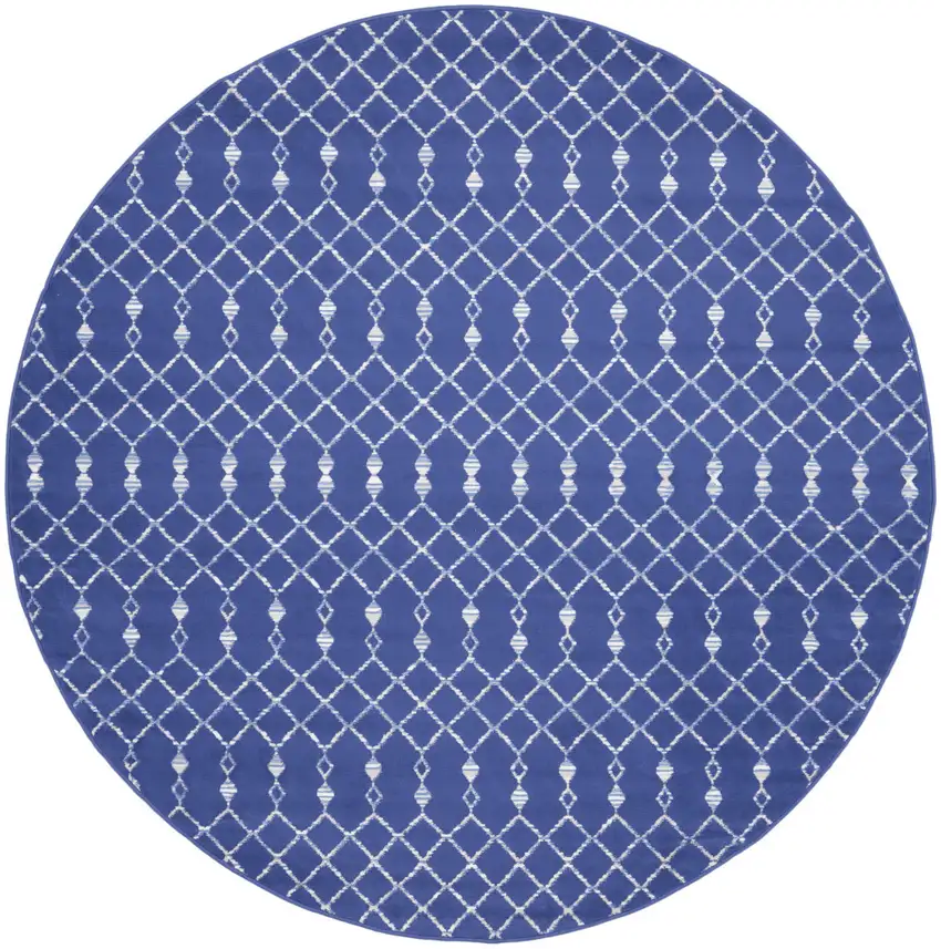 8' Navy Blue and Ivory Geometric Round Rug Photo 2
