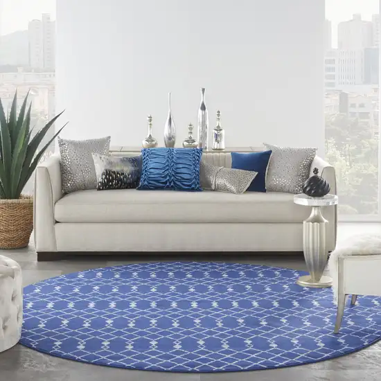 8' Navy Blue and Ivory Geometric Round Rug Photo 6