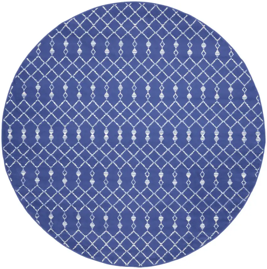 8' Navy Blue and Ivory Geometric Round Rug Photo 1