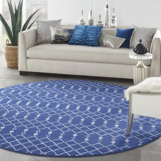 8' Navy Blue and Ivory Geometric Round Rug Photo 5