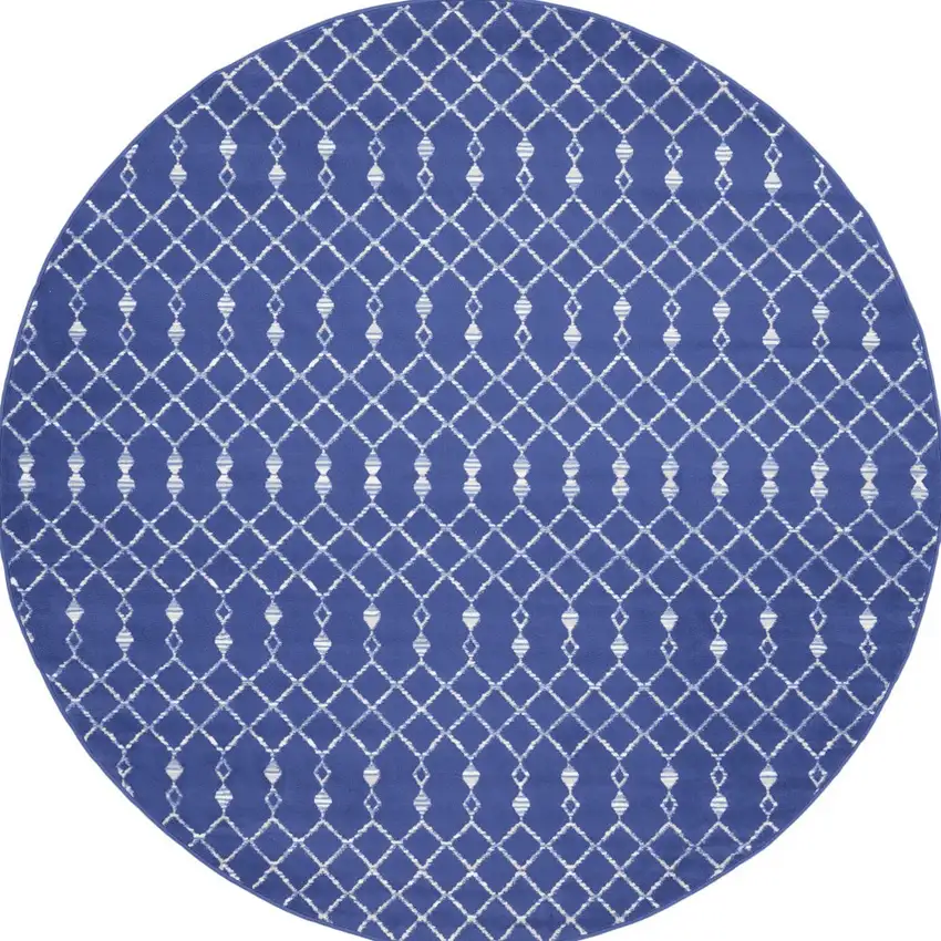 8' Navy Blue and Ivory Geometric Round Rug Photo 8