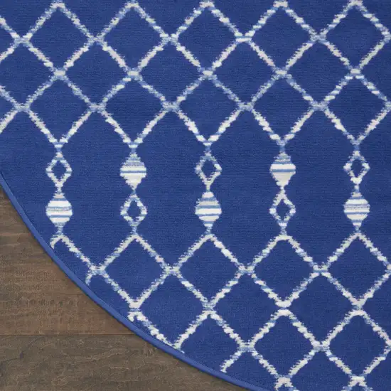 8' Navy Blue and Ivory Geometric Round Rug Photo 4
