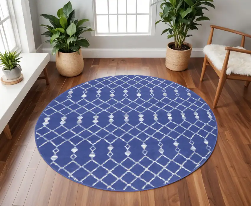 8' Navy Blue and Ivory Geometric Round Rug Photo 1