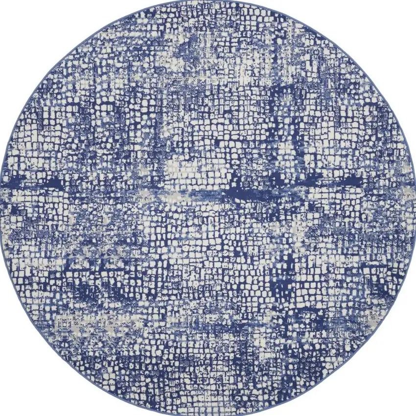 5' Navy Blue and Ivory Geometric Round Rug Photo 1