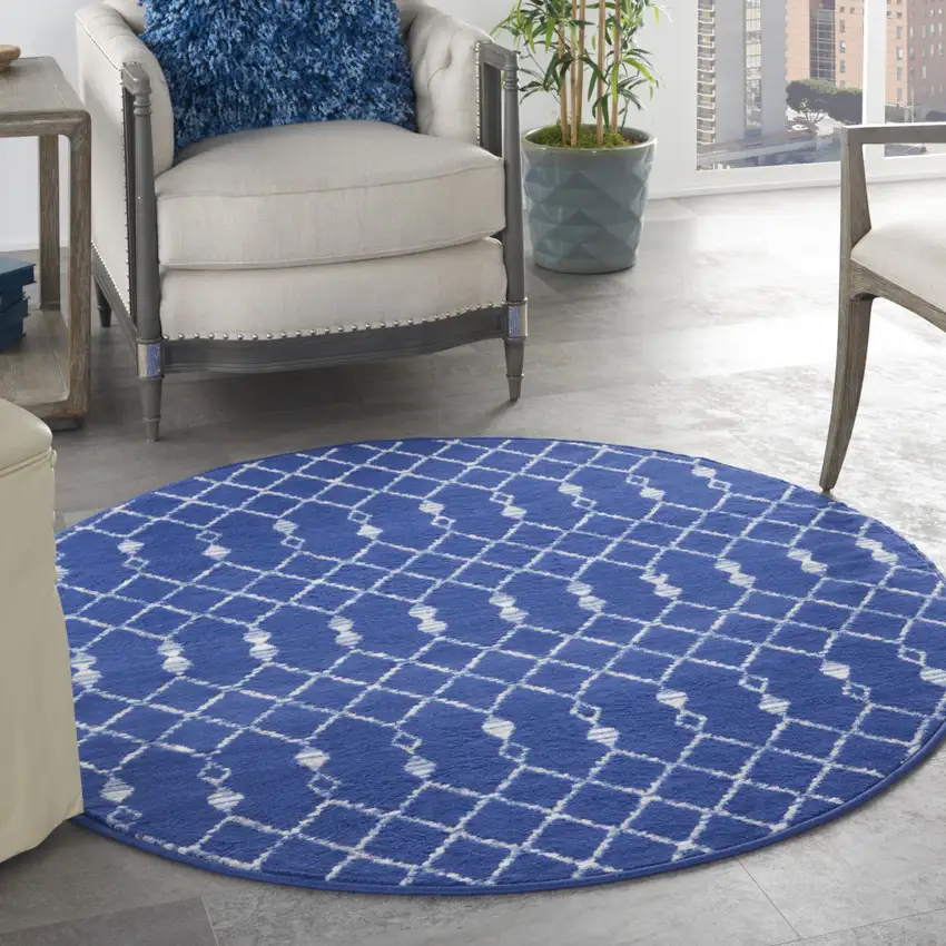 5' Navy Blue and Ivory Geometric Round Rug Photo 4