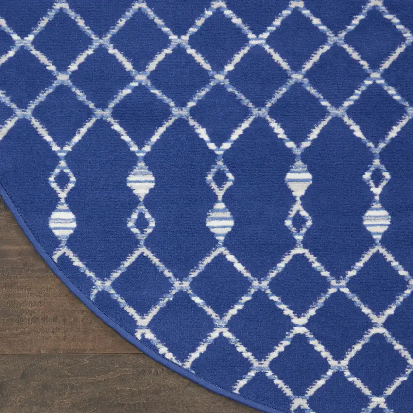5' Navy Blue and Ivory Geometric Round Rug Photo 4