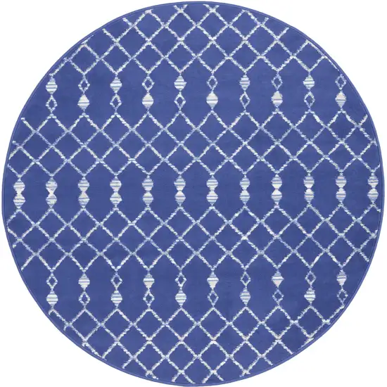 5' Navy Blue and Ivory Geometric Round Rug Photo 9