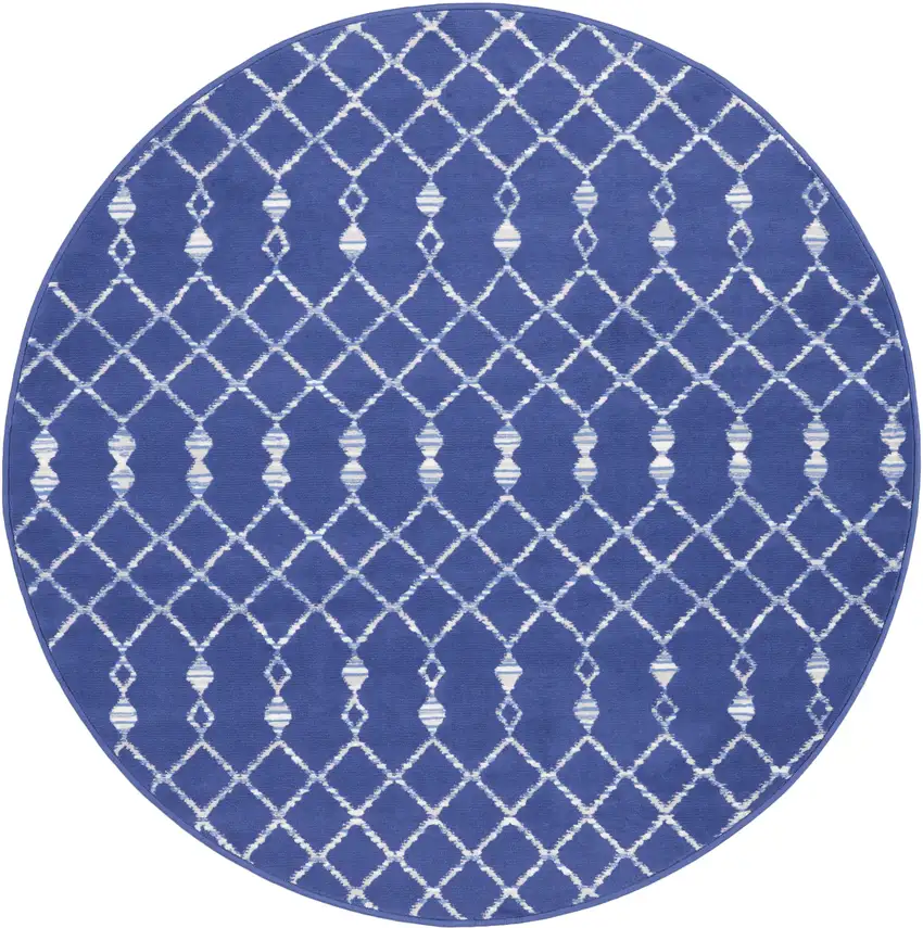 5' Navy Blue and Ivory Geometric Round Rug Photo 9