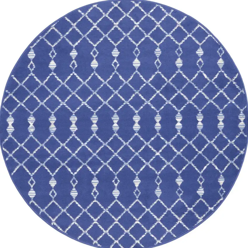 5' Navy Blue and Ivory Geometric Round Rug Photo 8