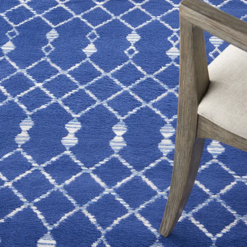 5' Navy Blue and Ivory Geometric Round Rug Photo 8