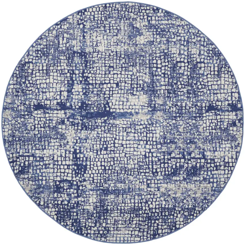 5' Navy Blue and Ivory Geometric Round Rug Photo 3