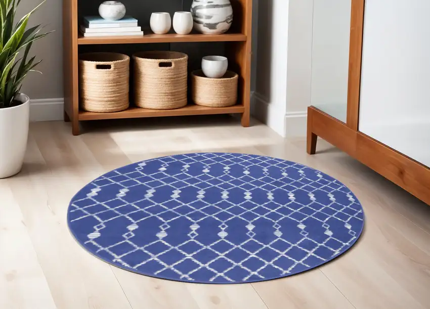 5' Navy Blue and Ivory Geometric Round Rug Photo 1