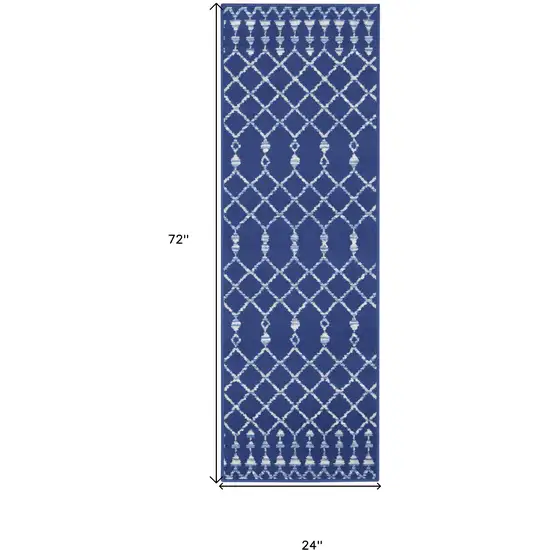 6' Navy Blue and Ivory Geometric Runner Rug Photo 3