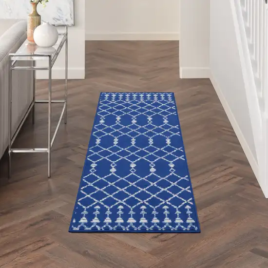 6' Navy Blue and Ivory Geometric Runner Rug Photo 9