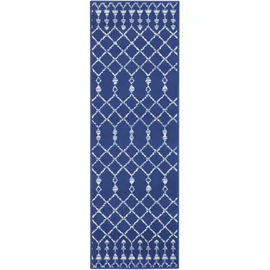 6' Navy Blue and Ivory Geometric Runner Rug Photo 2
