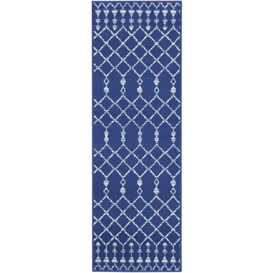 6' Navy Blue and Ivory Geometric Runner Rug Photo 7