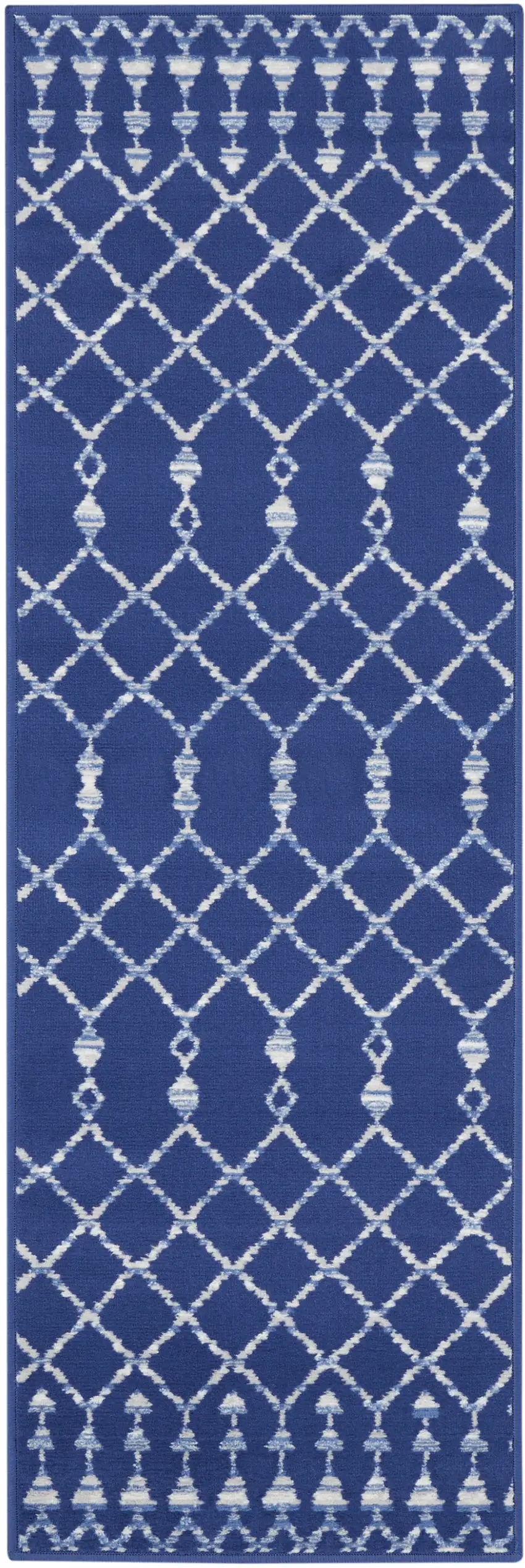6' Navy Blue and Ivory Geometric Runner Rug Photo 7