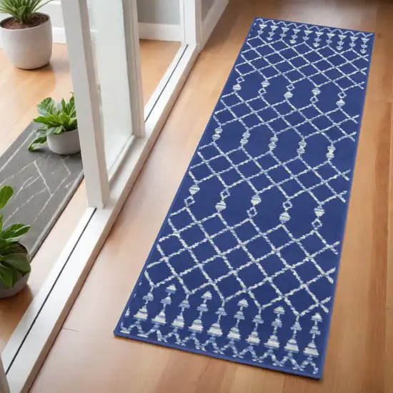 6' Navy Blue and Ivory Geometric Runner Rug Photo 1