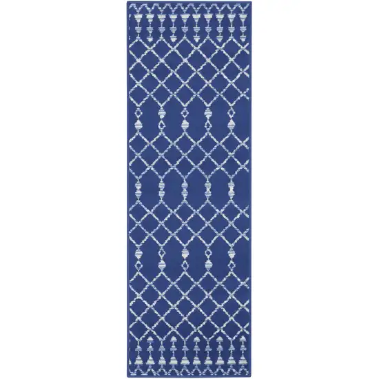 8' Navy Blue and Ivory Moroccan Distressed Non Skid Runner Rug Photo 8