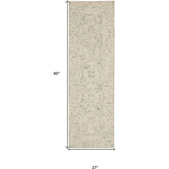8' Navy Blue and Ivory Wool Abstract Runner Rug Photo 3