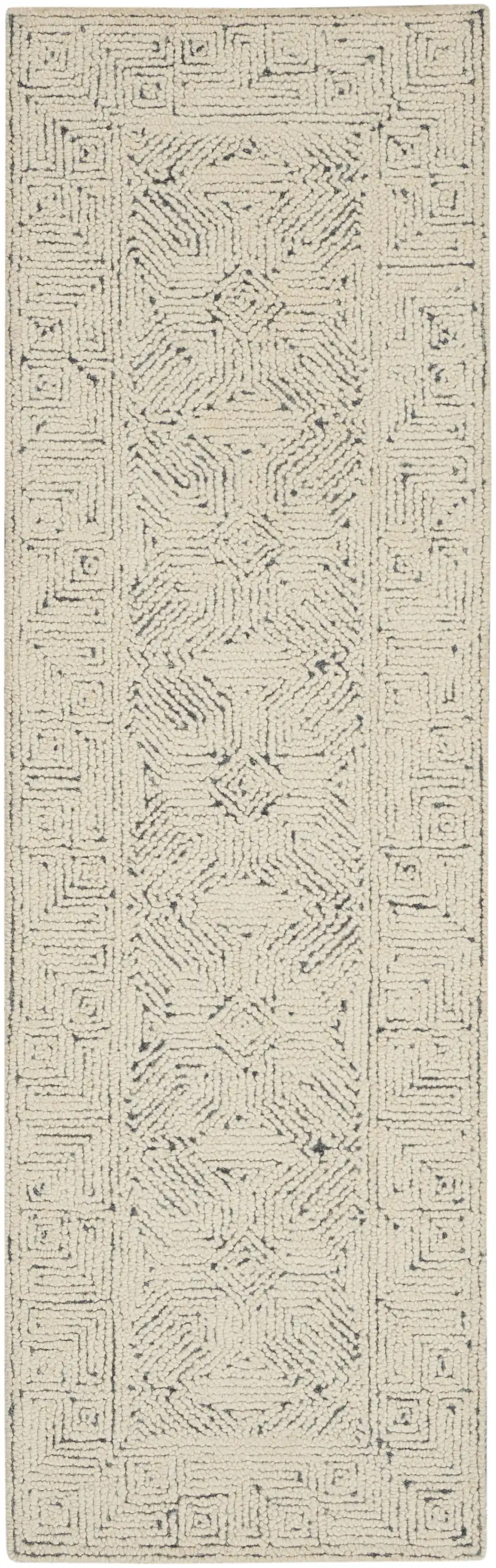 8' Navy Blue and Ivory Wool Abstract Runner Rug Photo 1