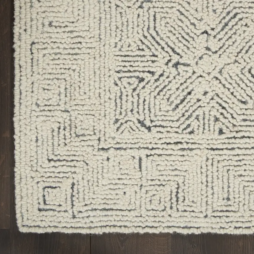 8' Navy Blue and Ivory Wool Abstract Runner Rug Photo 4