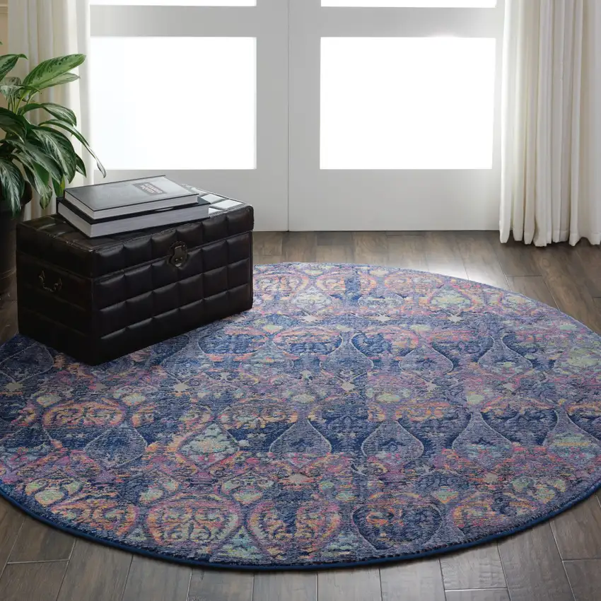 6' Navy Blue and Orange Ogee Distressed Non Skid Round Rug Photo 5