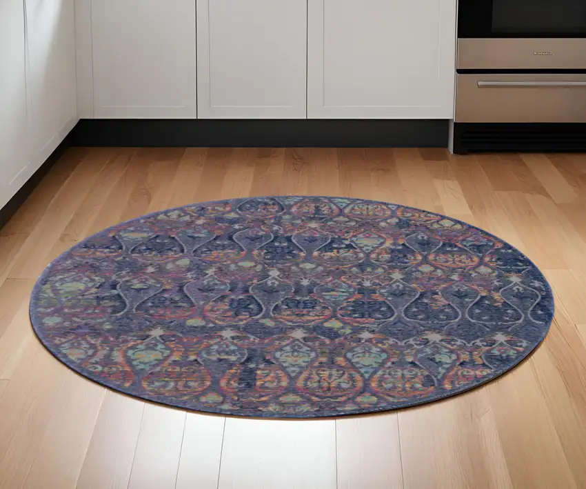 6' Navy Blue and Orange Ogee Distressed Non Skid Round Rug Photo 1
